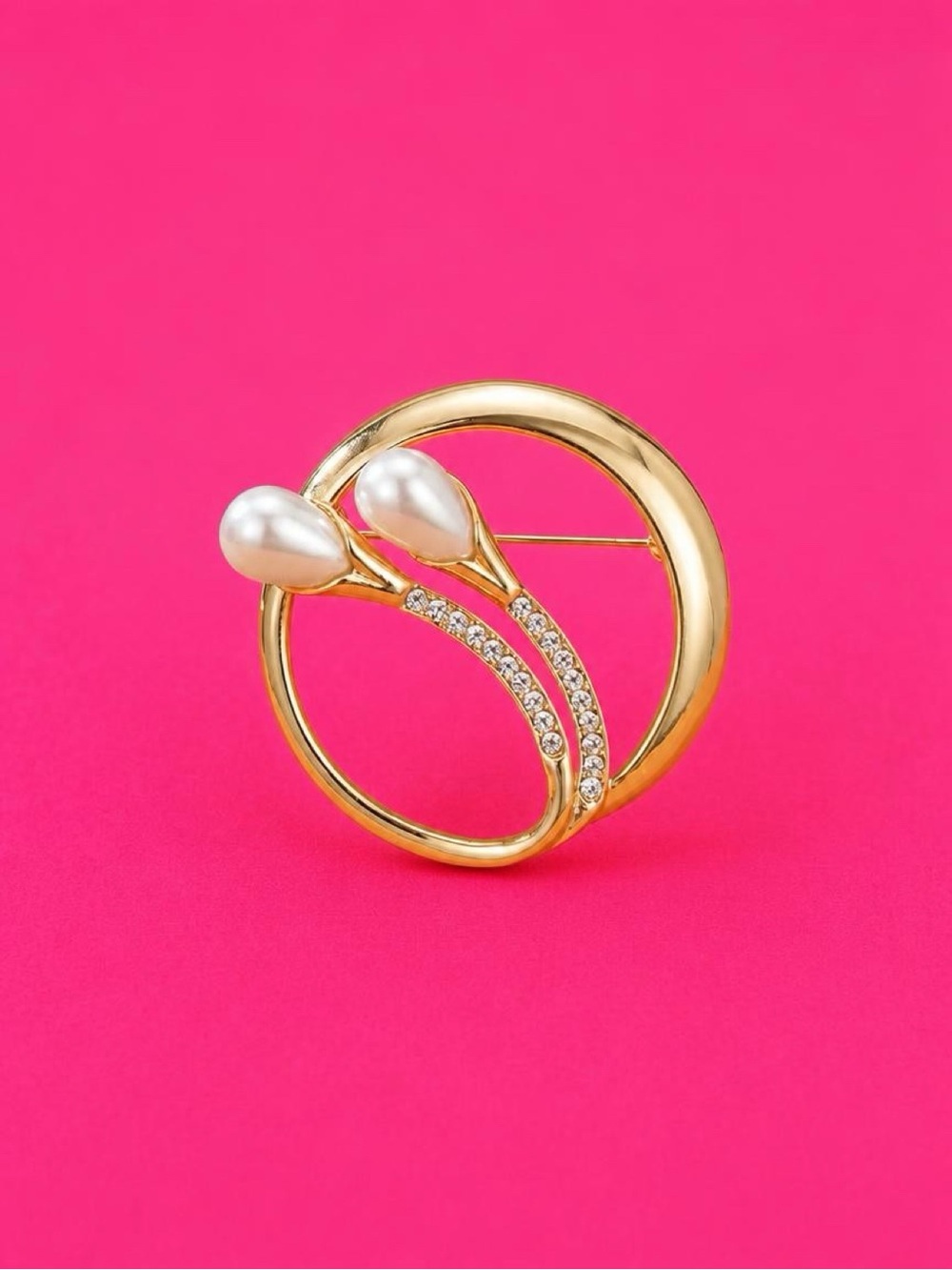 Gold Tone Pearl & Crystal Circle Brooch - Women Jewelry